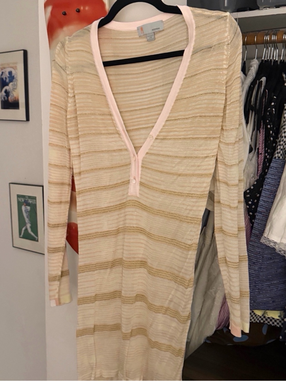 Missoni Cream and Gold Striped Knit Mini Dress with Pink Trim